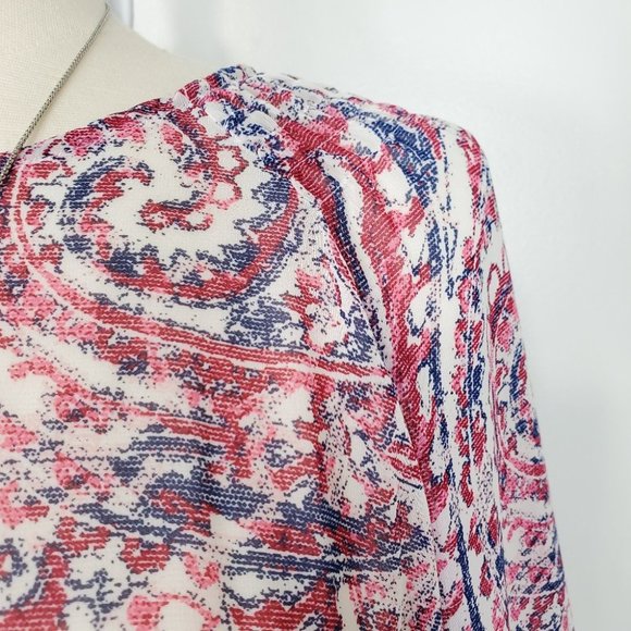 Belle & Sky Blue Red Cream Semi Sheer Pullover Top w/Shirring, L - Picture 3 of 10